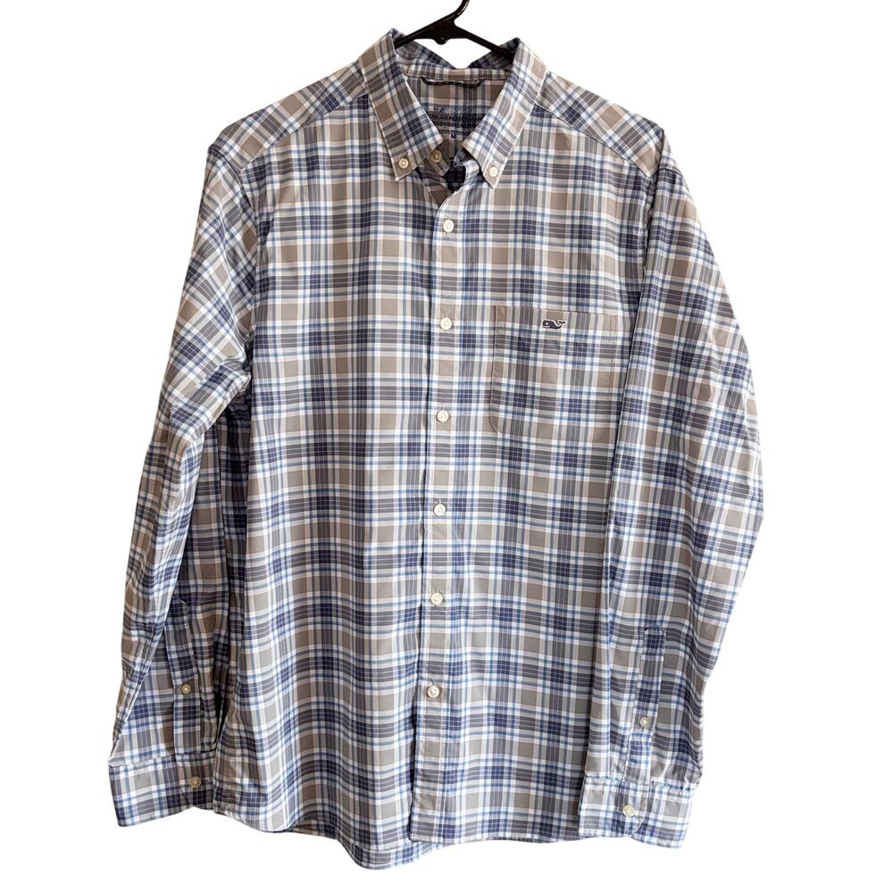Vineyard Vines Men's M On the Go Performance Button Down Blue Gray White Plaid
